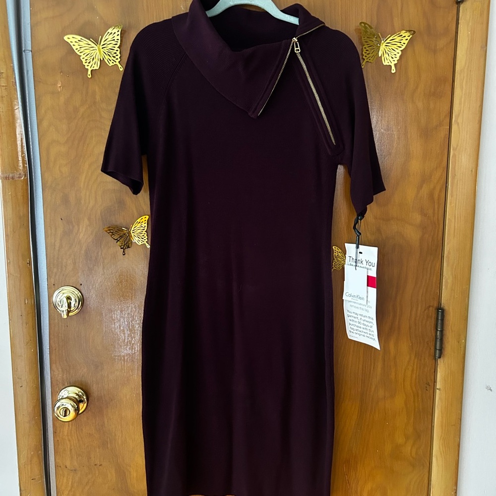 Calvin Klein Deep Burgundy Midi Dress with Zipper Accent
